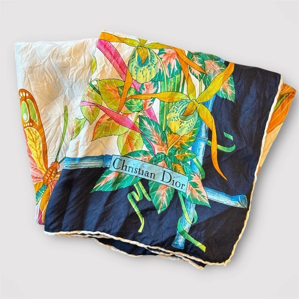 CHRISTIAN DIOR Vintage 34” 100% Silk “Floral & Butterfly” Botanical Square Scarf